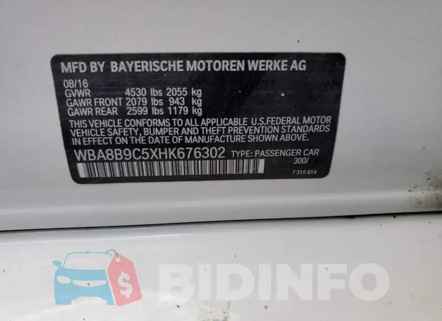 WBA8B9C5XHK676302 Photo# 10
