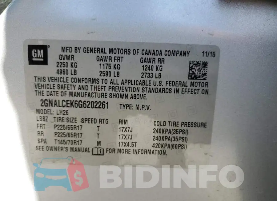 2GNALCEK6G6202261 Photo# 13