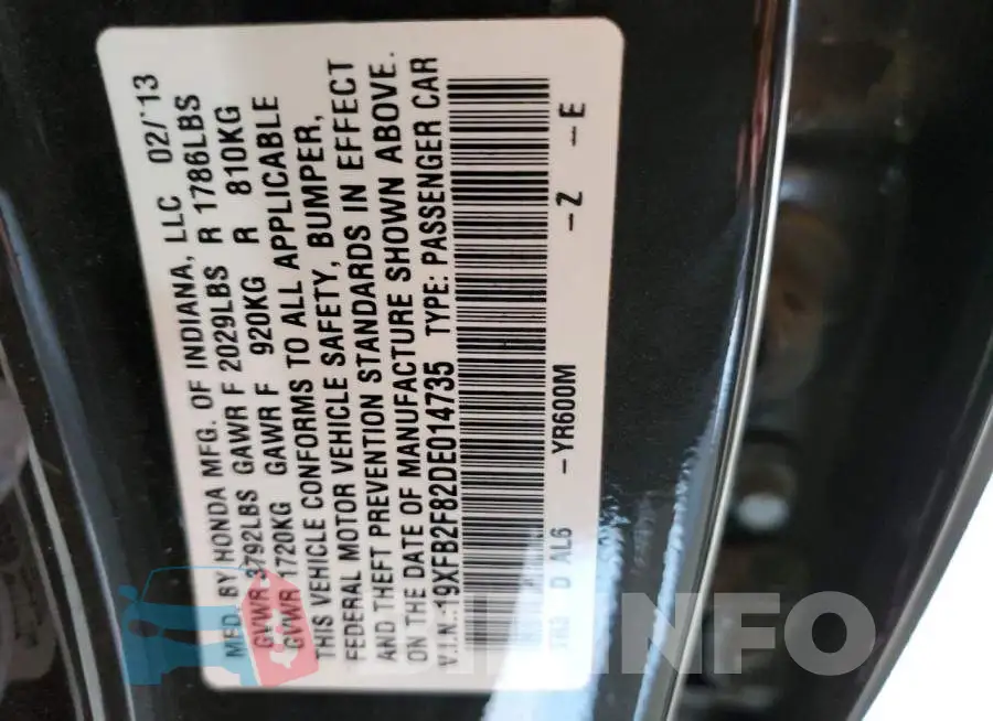 19XFB2F82DE014735 Photo# 10