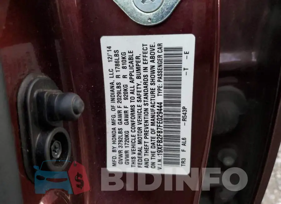 19XFB2F87FE029444 Photo# 13