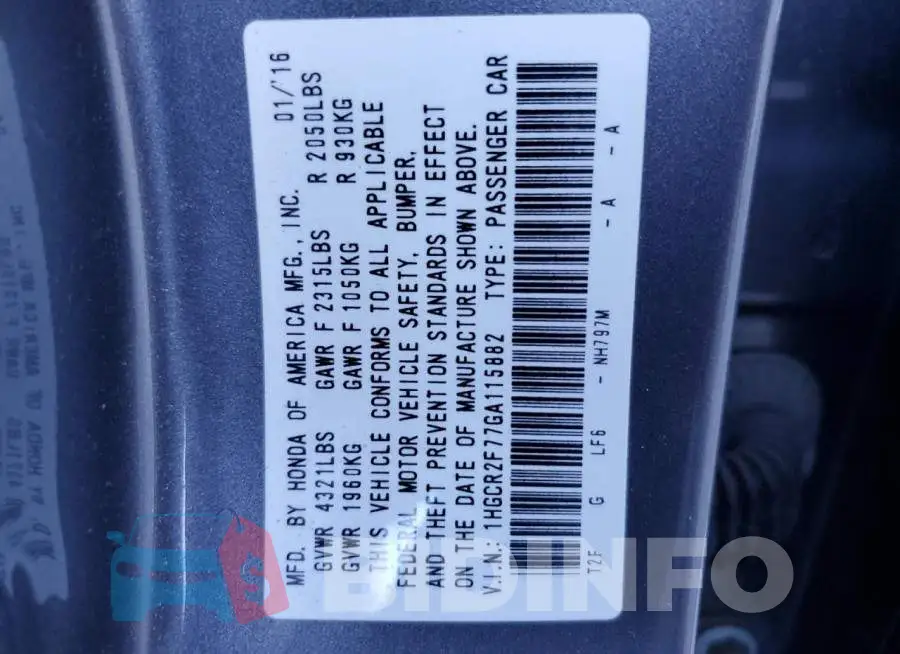 1HGCR2F77GA115882 Photo# 10