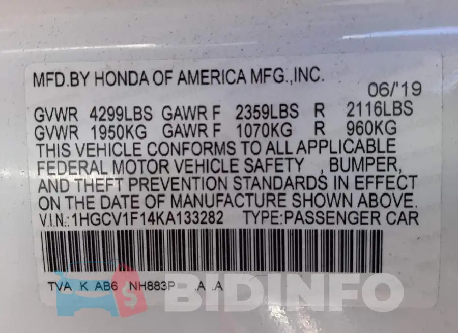 1HGCV1F14KA133282 Photo# 10
