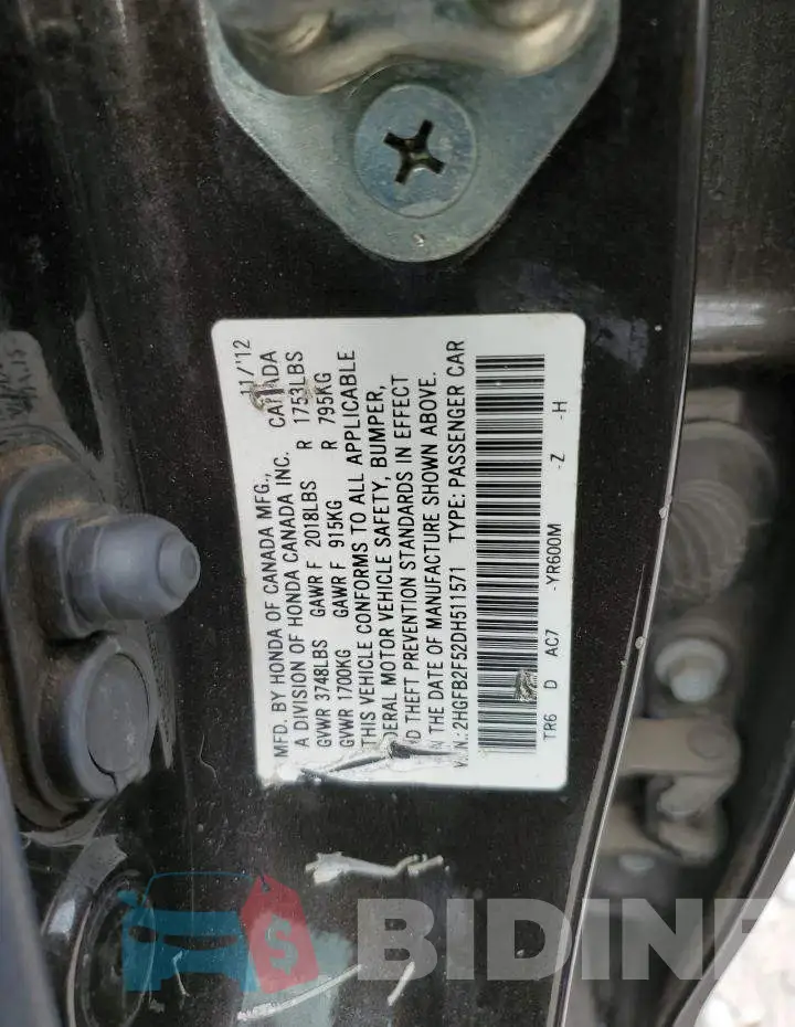 2HGFB2F52DH511571 Photo# 12