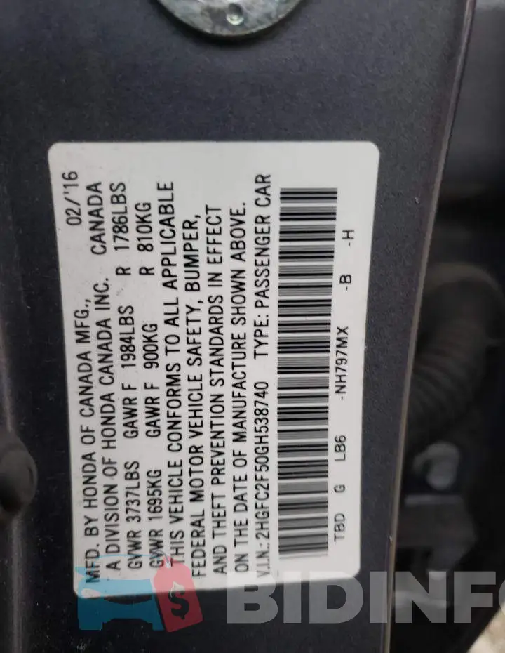 2HGFC2F50GH538740 Photo# 10