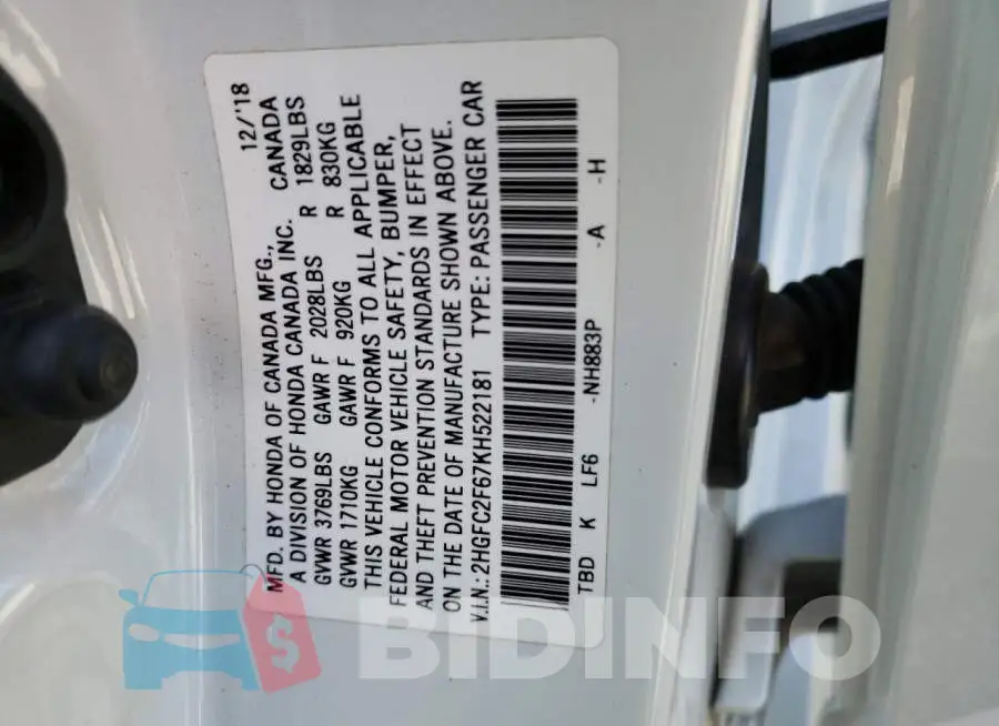 2HGFC2F67KH522181 Photo# 10