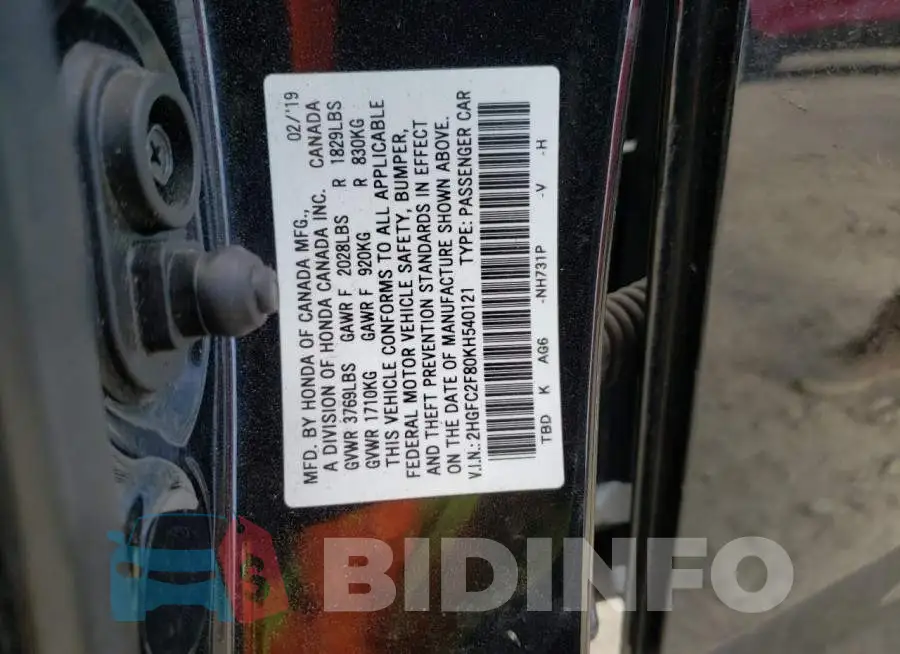 2HGFC2F80KH540121 Photo# 10