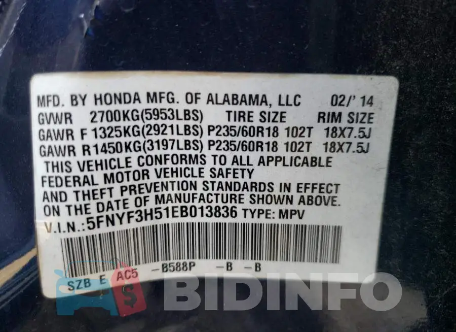 5FNYF3H51EB013836 Photo# 10