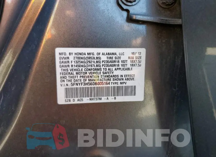 5FNYF3H56DB005164 Photo# 12