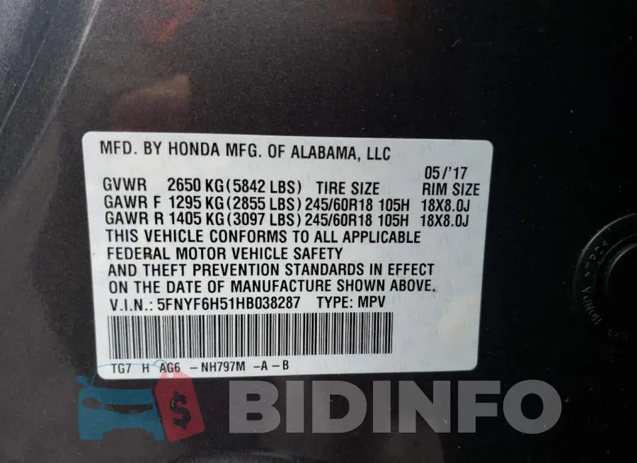 5FNYF6H51HB038287 Photo# 13