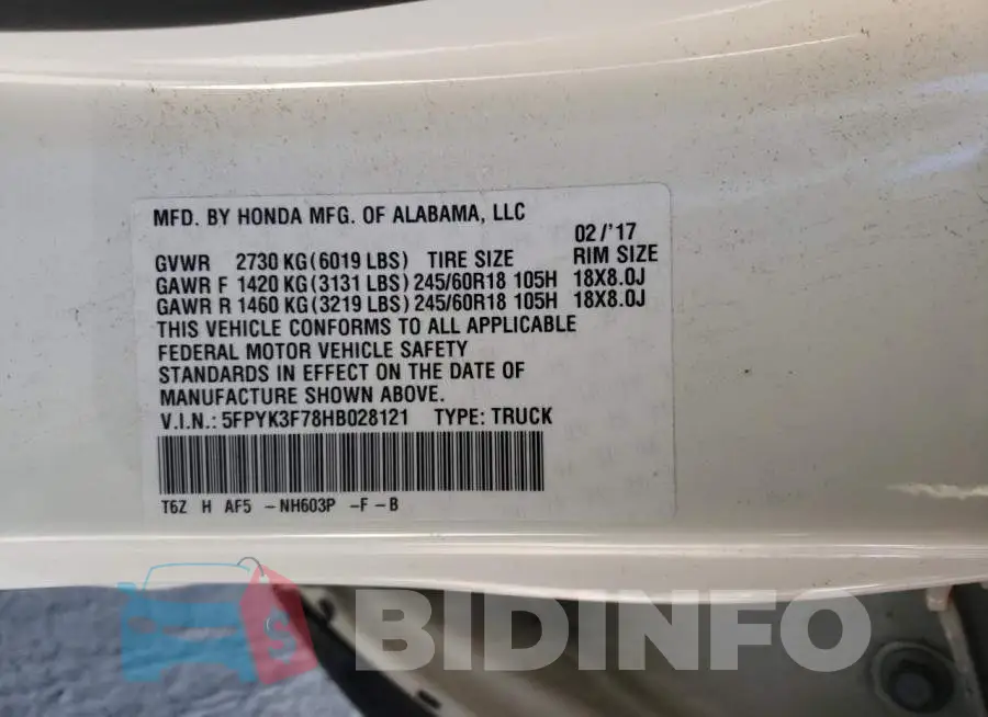 5FPYK3F78HB028121 Photo# 12
