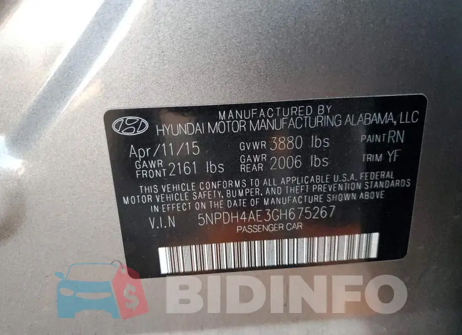 5NPDH4AE3GH675267 Photo# 12