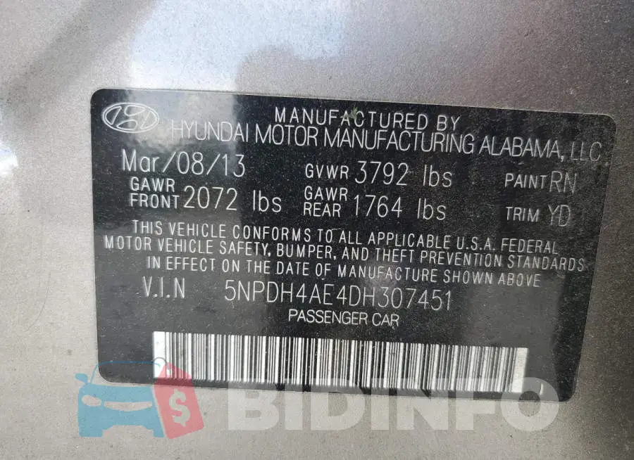 5NPDH4AE4DH307451 Photo# 10