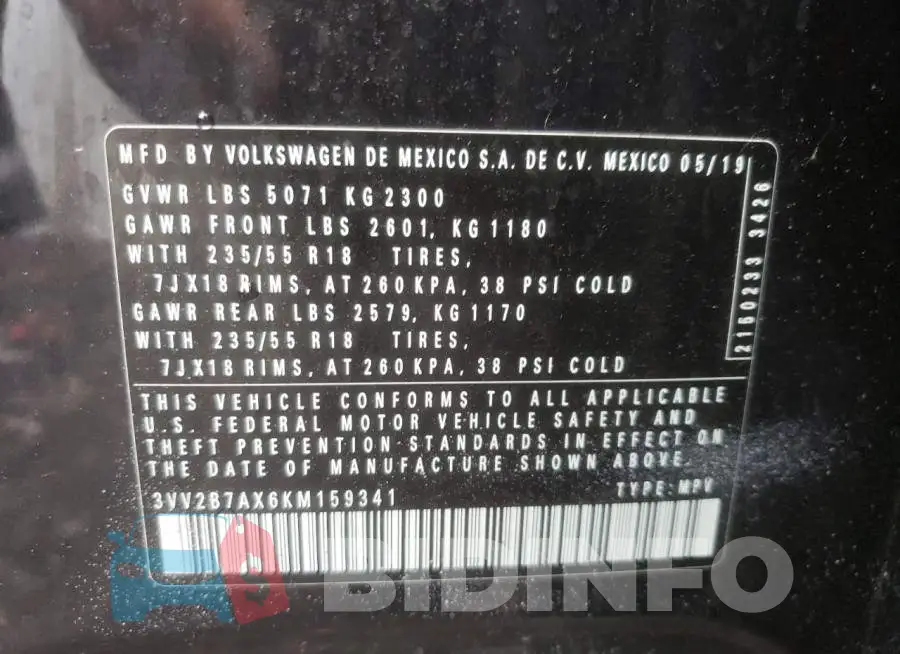 3VV2B7AX6KM159341 Photo# 10