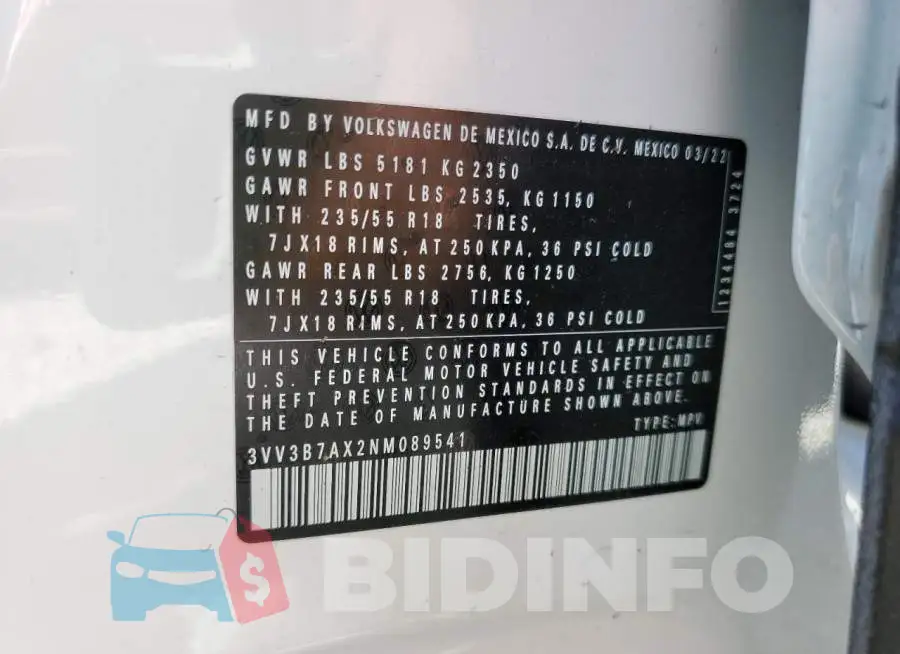 3VV3B7AX2NM089541 Photo# 10