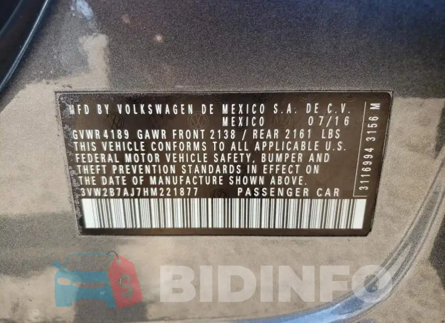 3VW2B7AJ7HM221877 Photo# 10