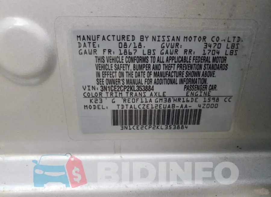 3N1CE2CP2KL353884 Photo# 12