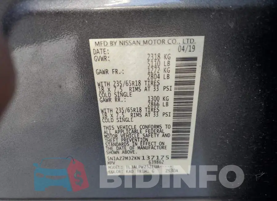 5N1AZ2MJ2KN137175 Photo# 10