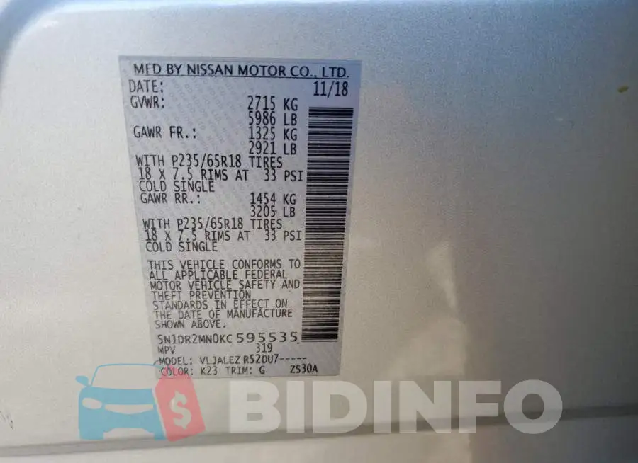 5N1DR2MN0KC595535 Photo# 13