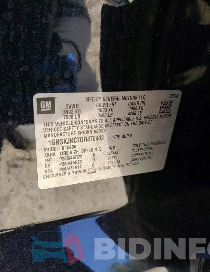 1GNSKJKC7GR470443 Photo# 10