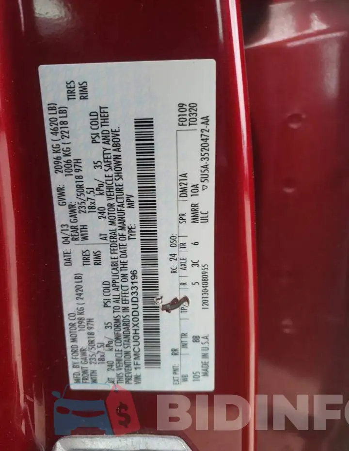 1FMCU0HX0DUD33196 Photo# 10