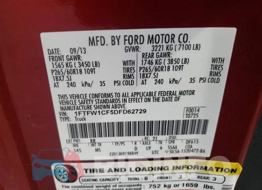 1FTFW1CF5DFD62729 Photo# 10