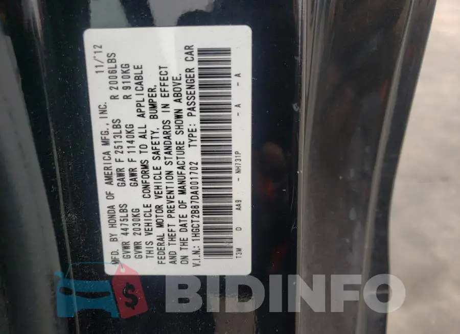 1HGCT2B87DA001702 Photo# 12