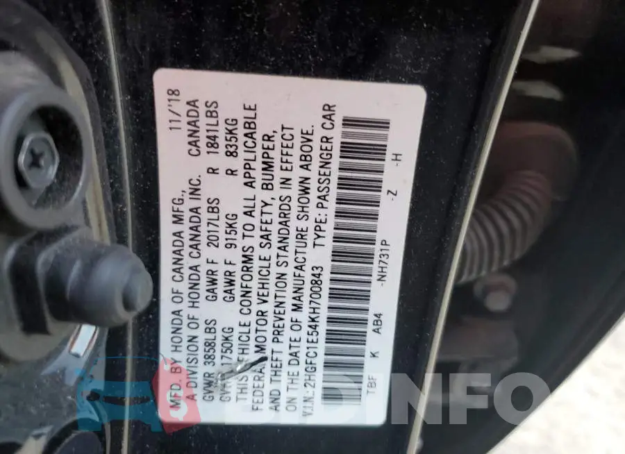 2HGFC1E54KH700843 Photo# 10