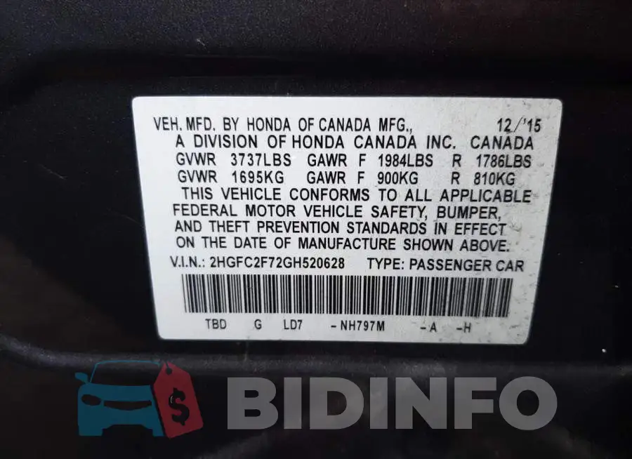 2HGFC2F72GH520628 Photo# 12