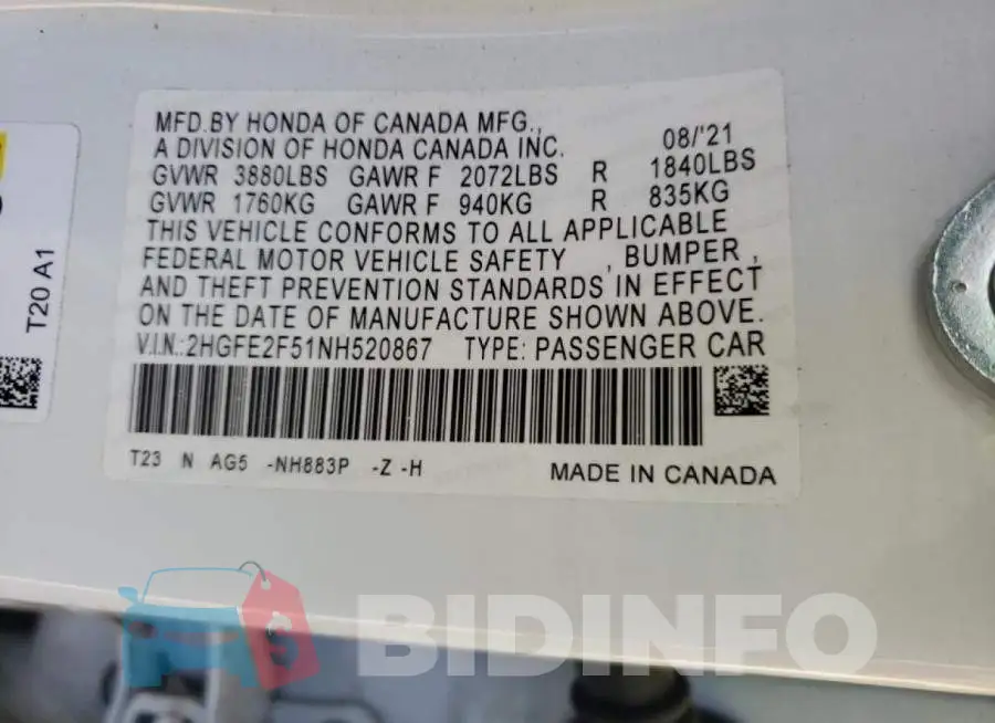 2HGFE2F51NH520867 Photo# 10