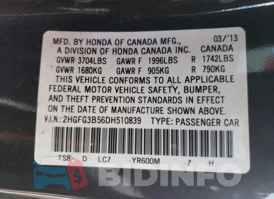 2HGFG3B56DH510839 Photo# 10