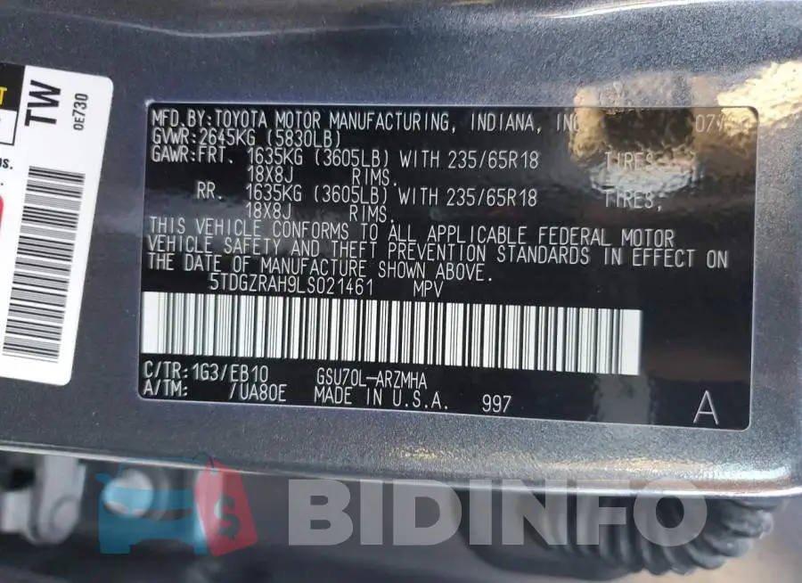 5TDGZRAH9LS021461 Photo# 10