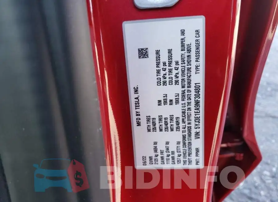 5YJ3E1EA9NF304801 Photo# 10