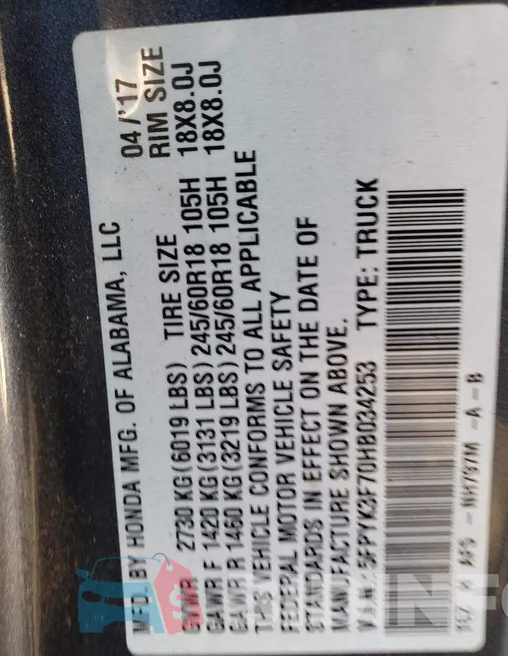 5FPYK3F70HB034253 Photo# 10