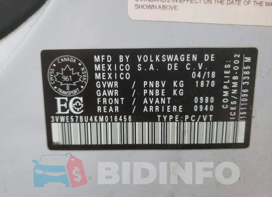 3VWE57BU4KM016456 Photo# 10