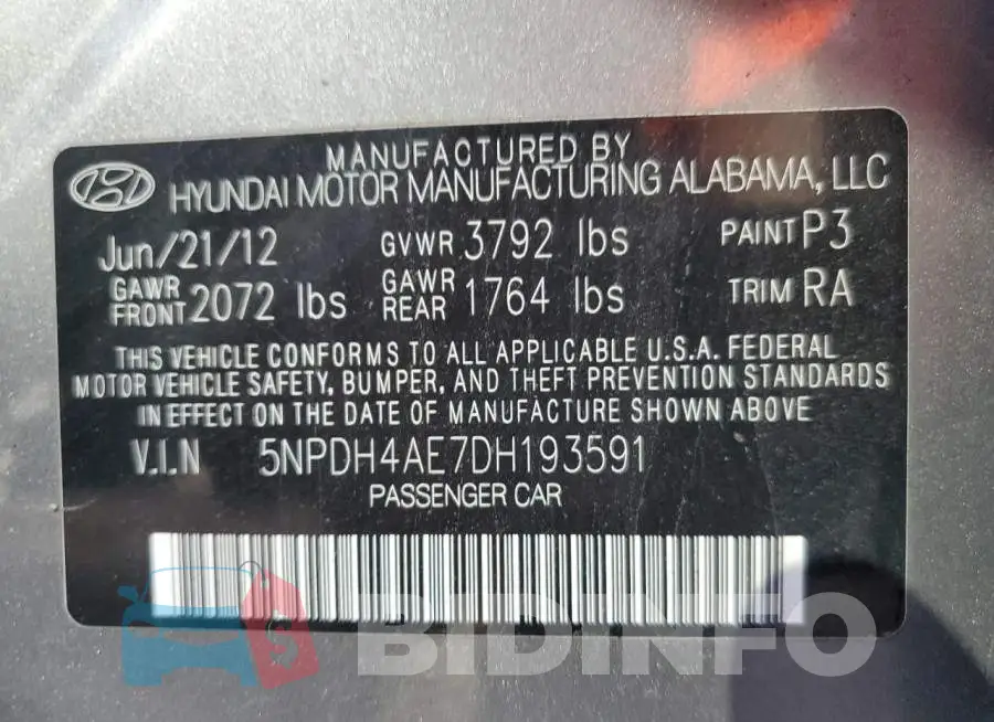 5NPDH4AE7DH193591 Photo# 12