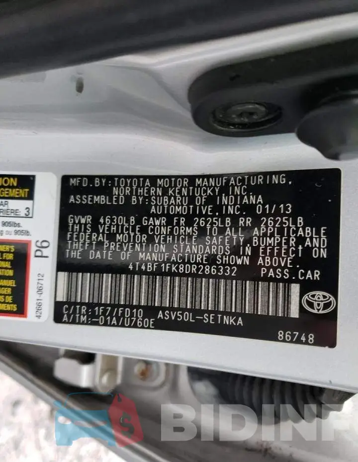 4T4BF1FK8DR286332 Photo# 12