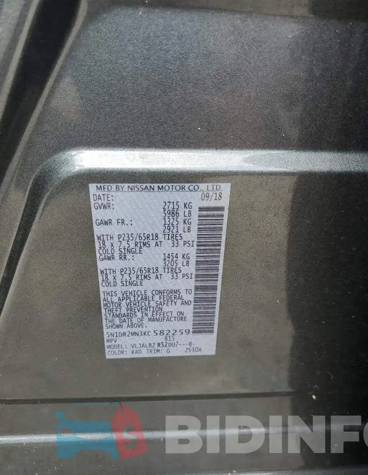 5N1DR2MN3KC582259 Photo# 10