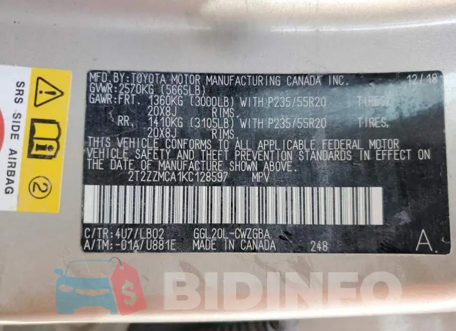 2T2ZZMCA1KC128597 Photo# 10
