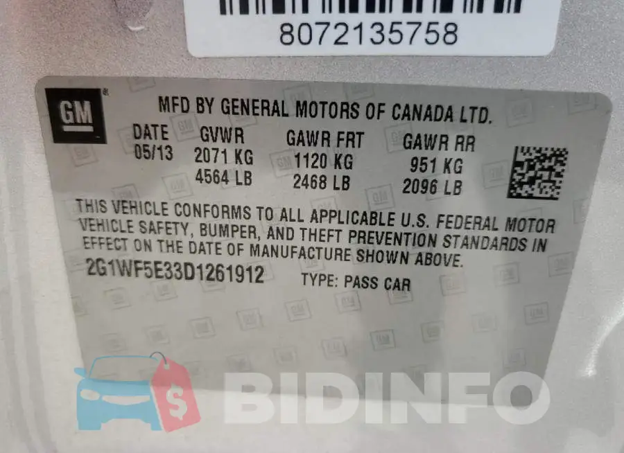 2G1WF5E33D1261912 Photo# 10