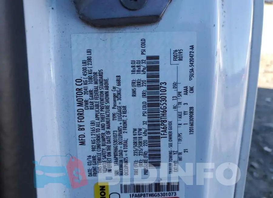 1FA6P8TH6G5301073 Photo# 12