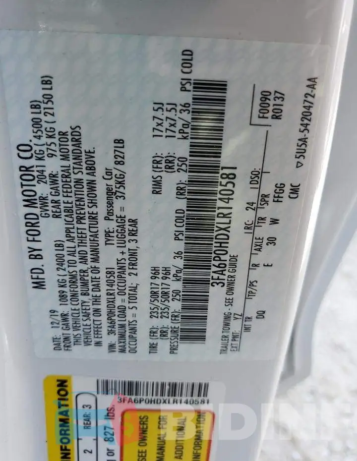 3FA6P0HDXLR140581 Photo# 10