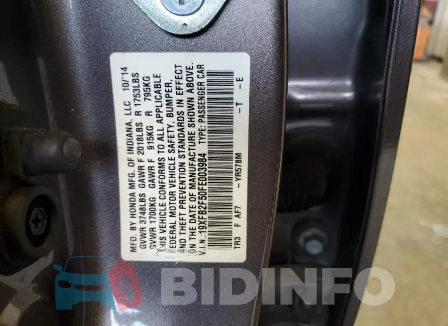 19XFB2F50FE003984 Photo# 10