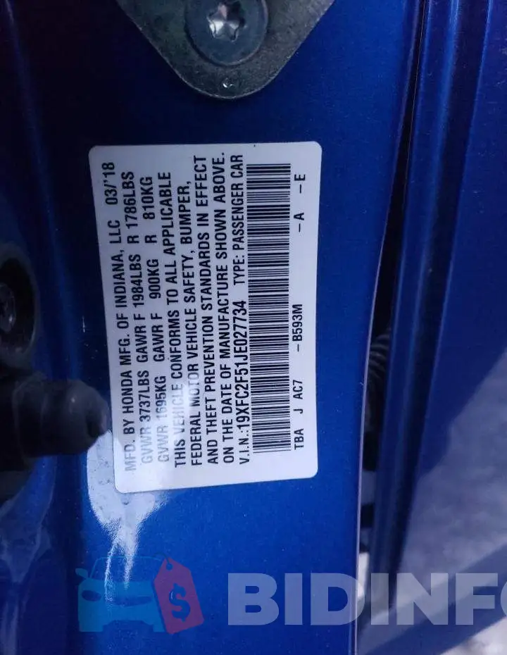 19XFC2F51JE027734 Photo# 10