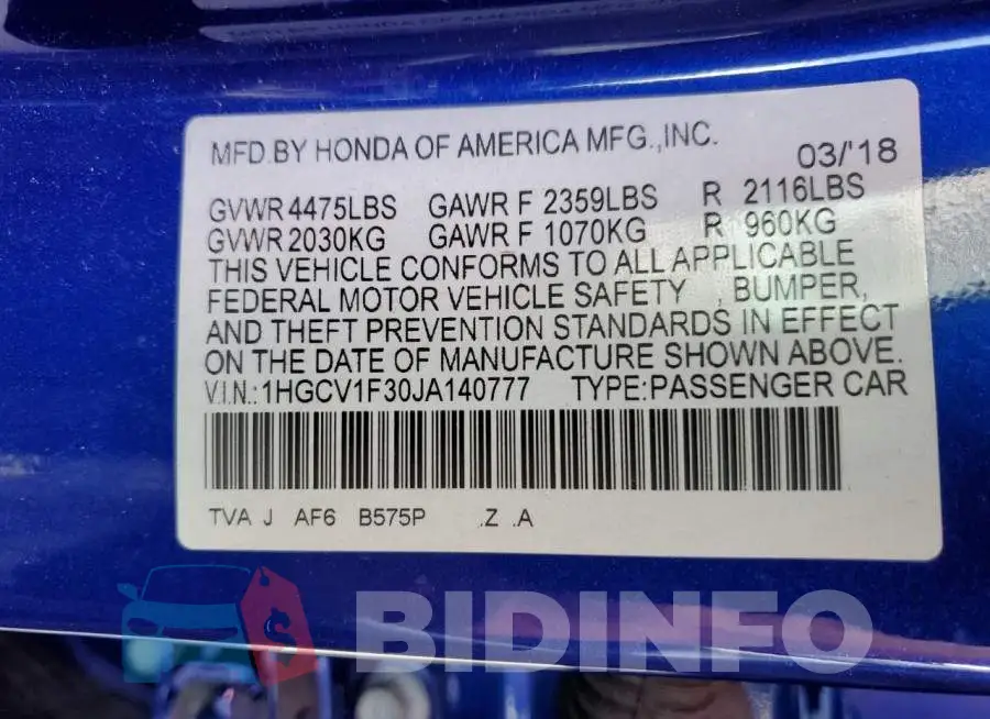 1HGCV1F30JA140777 Photo# 10