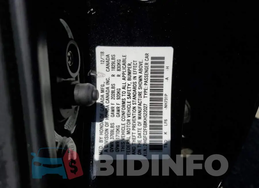 2HGFC2F68KH522027 Photo# 10