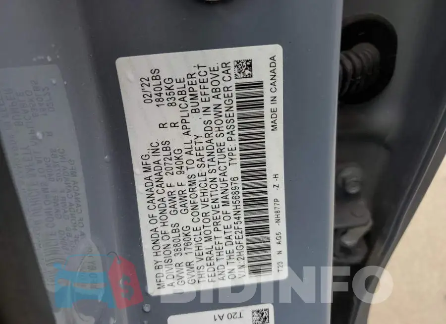 2HGFE2F54NH568976 Photo# 10