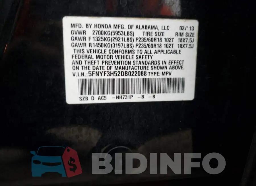 5FNYF3H52DB022088 Photo# 13