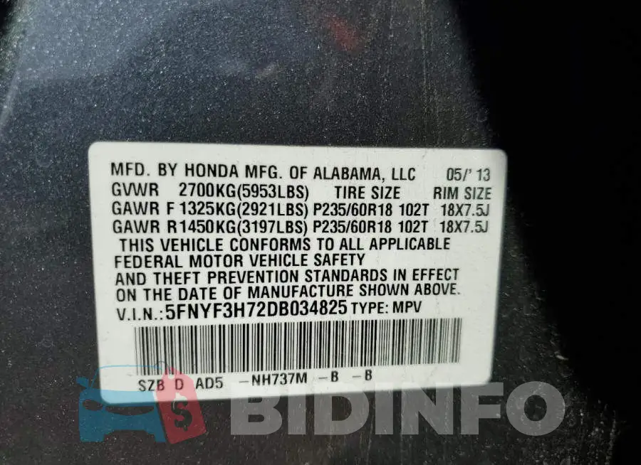 5FNYF3H72DB034825 Photo# 10