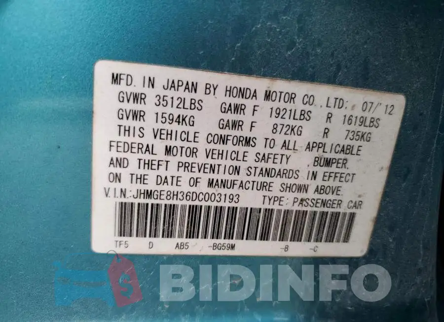 JHMGE8H36DC003193 Photo# 12