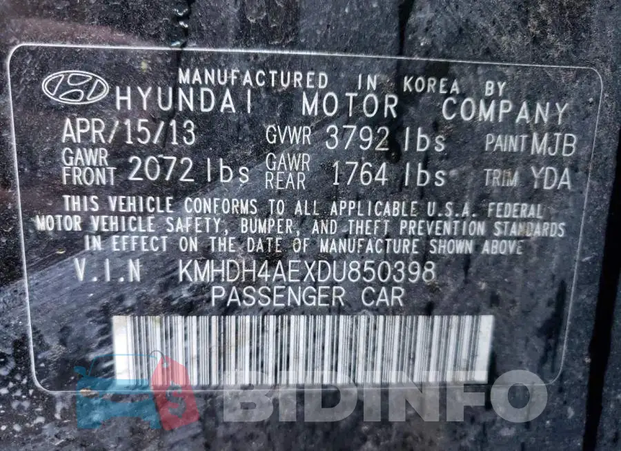 KMHDH4AEXDU850398 Photo# 10